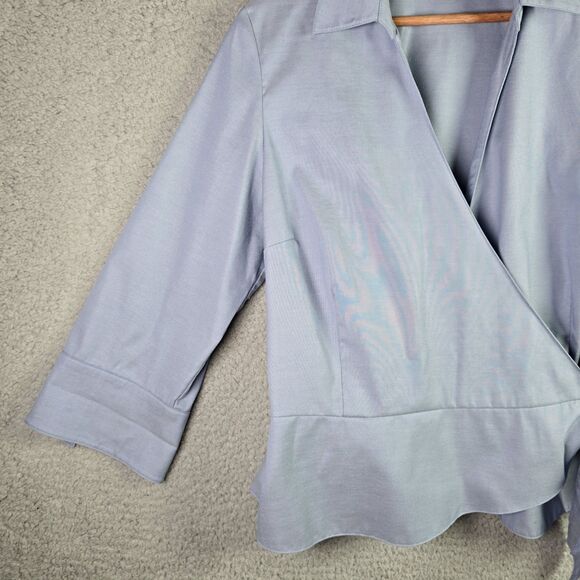 Coldwater Creek Womens Blouse PL Light Blue Wrap Tie Flipped Cuffs Popped Collar - Picture 4 of 14